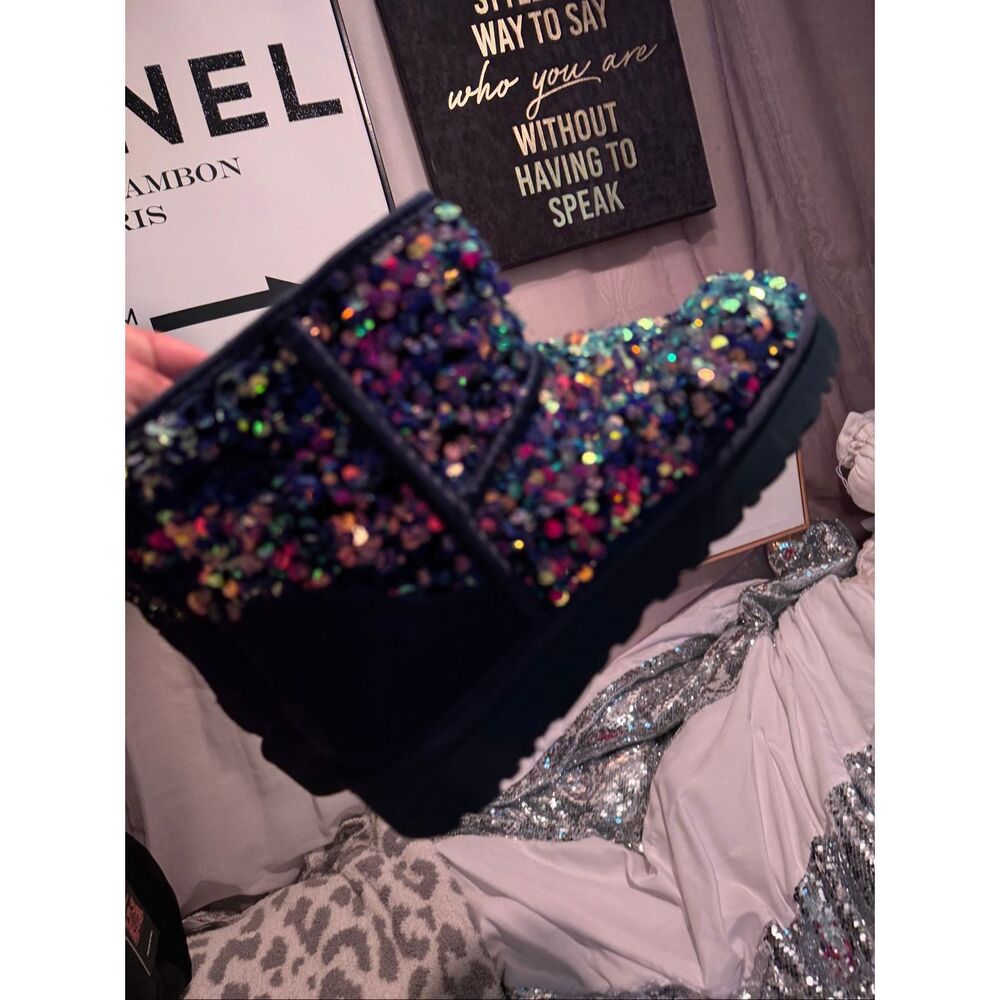 UGG Classic Mini Stellar Sequin boot in dark purple (multi iridescent chunky) 7